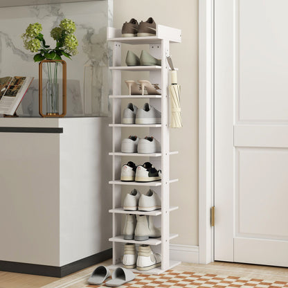 9-Tier Shoe Rack | Graduated Shelf Heights to Size 46 | Removable Shelves for Boots & Heels | Top Tray with Rail | 2 Side Hooks | 30x30x128.4cm | 18kg | Particleboard | Entryway | White