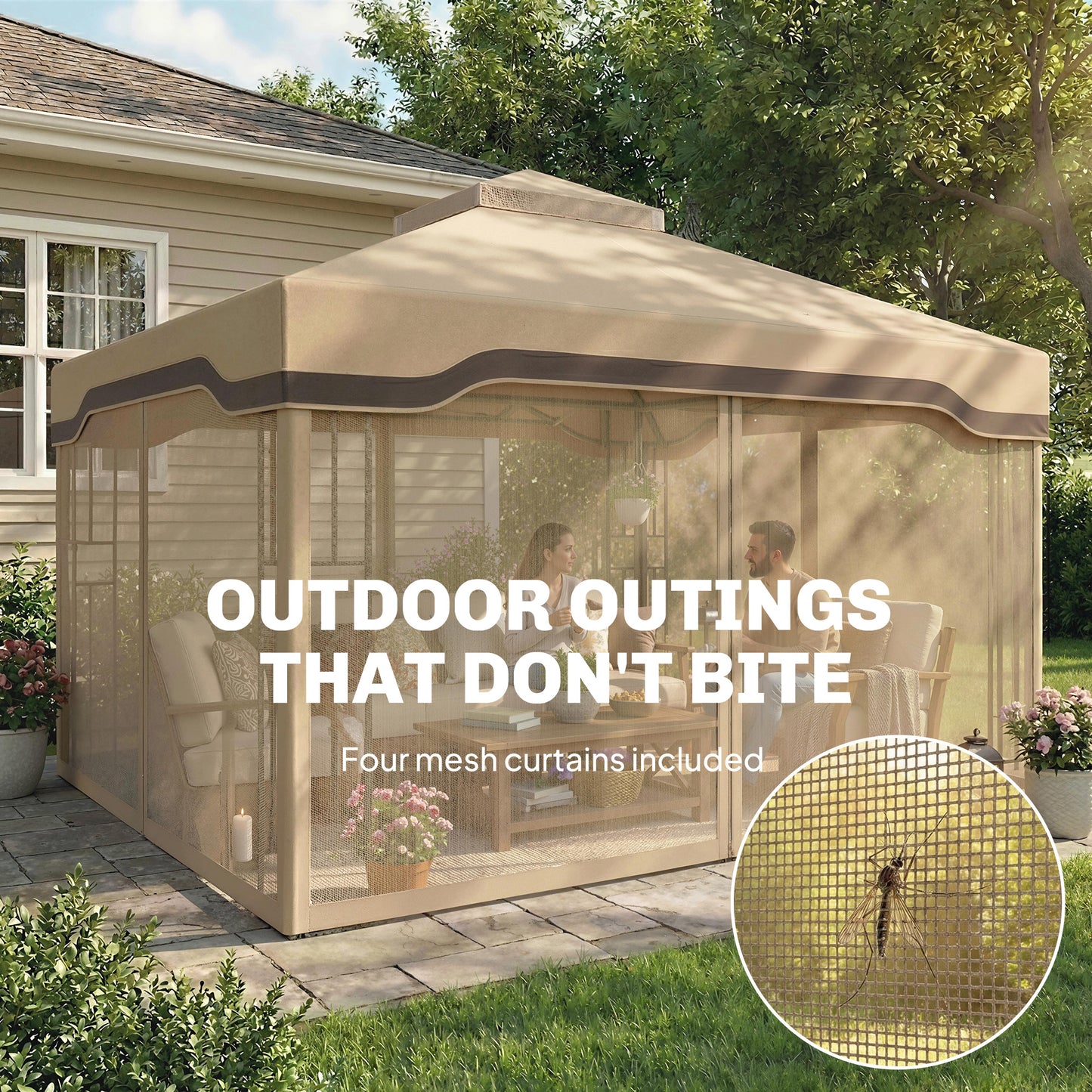 3x3.6m Garden Gazebo | Double-Tier UPF50+ Roof | 4 Mesh Panels | Triangular Powder-Coated Metal Frame | Corner Shelves | Roof Drainage Holes | Expansion Screws & Ground Stakes | Ceiling Hook | Khaki
