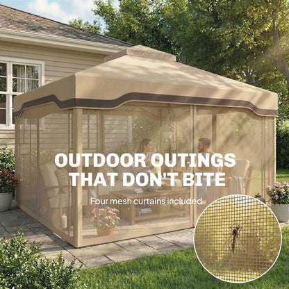 3x3.6m Garden Gazebo | Double-Tier UPF50+ Roof | 4 Mesh Panels | Triangular Powder-Coated Metal Frame | Corner Shelves | Roof Drainage Holes | Expansion Screws & Ground Stakes | Ceiling Hook | Khaki