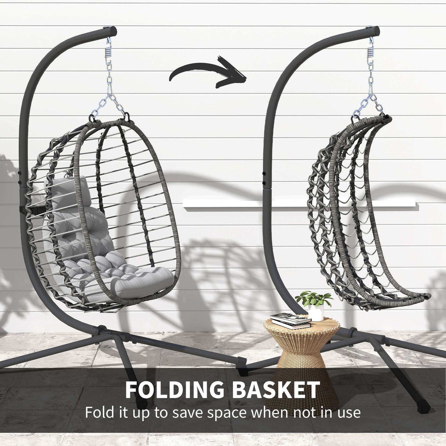 Rattan Hanging Egg Chair, Foldable Wicker Hammock Swing Chair with Cushion, Stand, Adjustable Height, Head Pillow, Steel Frame for Garden