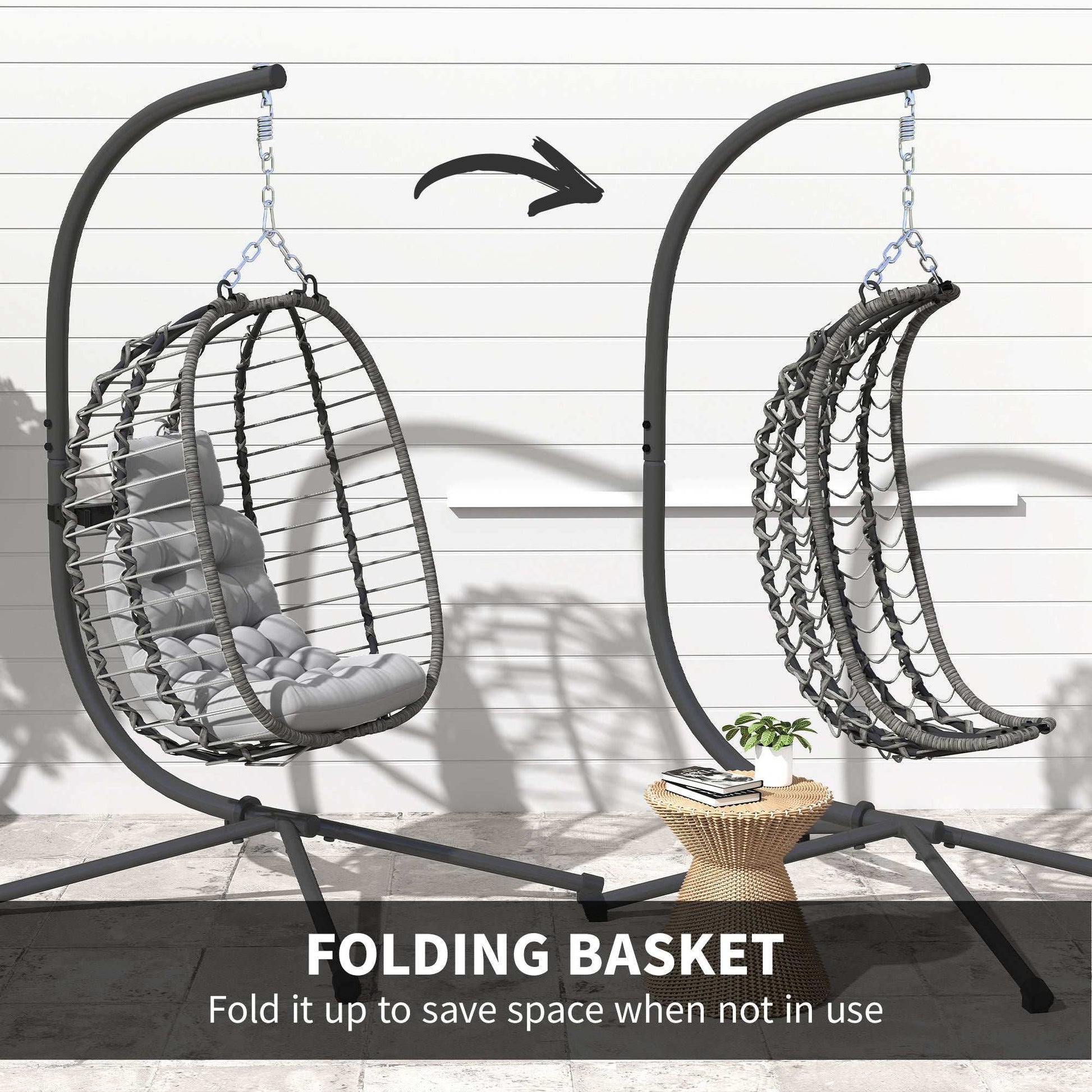 Rattan Hanging Egg Chair, Foldable Wicker Hammock Swing Chair with Cushion, Stand, Adjustable Height, Head Pillow, Steel Frame for Garden