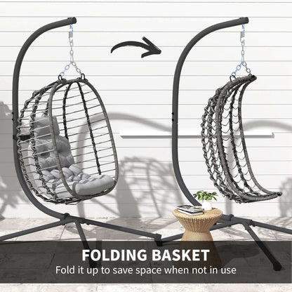 Rattan Hanging Egg Chair, Foldable Wicker Hammock Swing Chair with Cushion, Stand, Adjustable Height, Head Pillow, Steel Frame for Garden