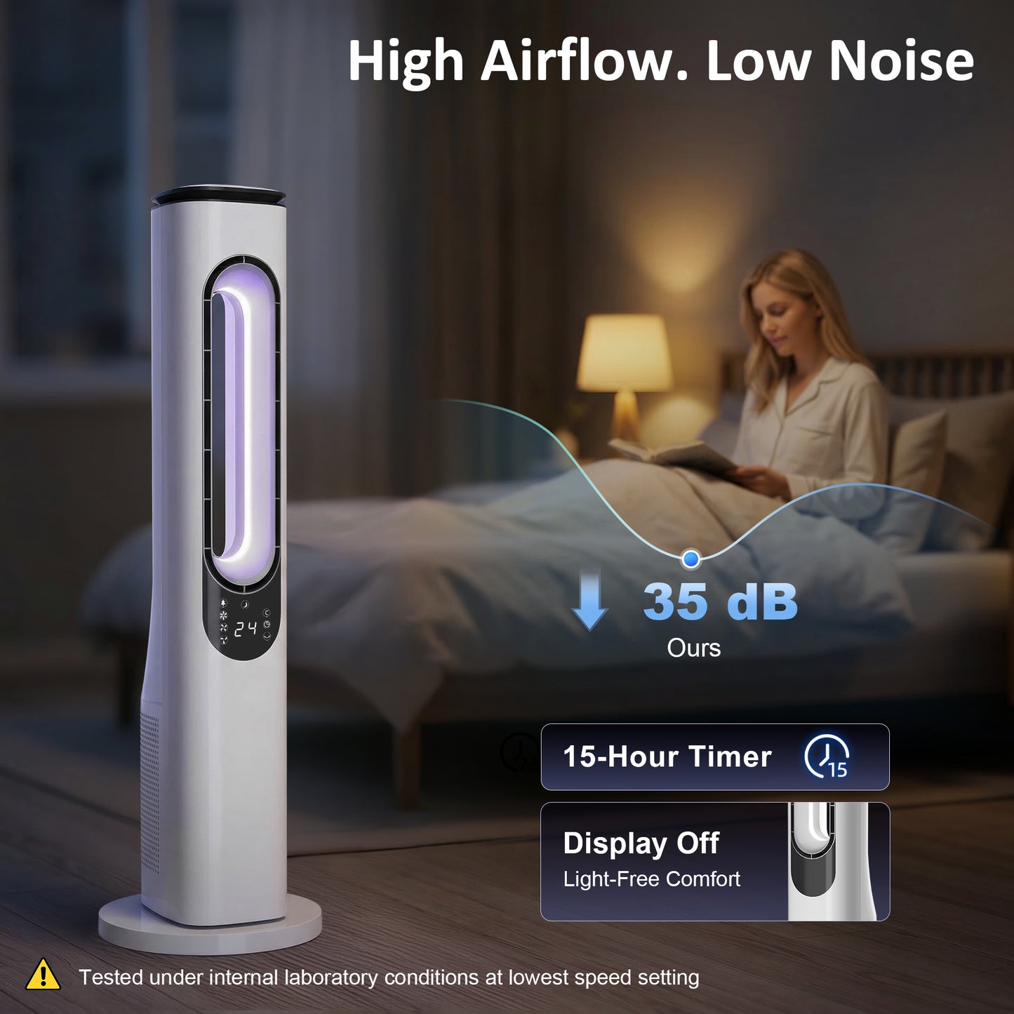 Bladeless Tower Fan | 35dB Sleep Mode | 50° Oscillation | 3-Colour LED | 15hr Timer | Remote | White