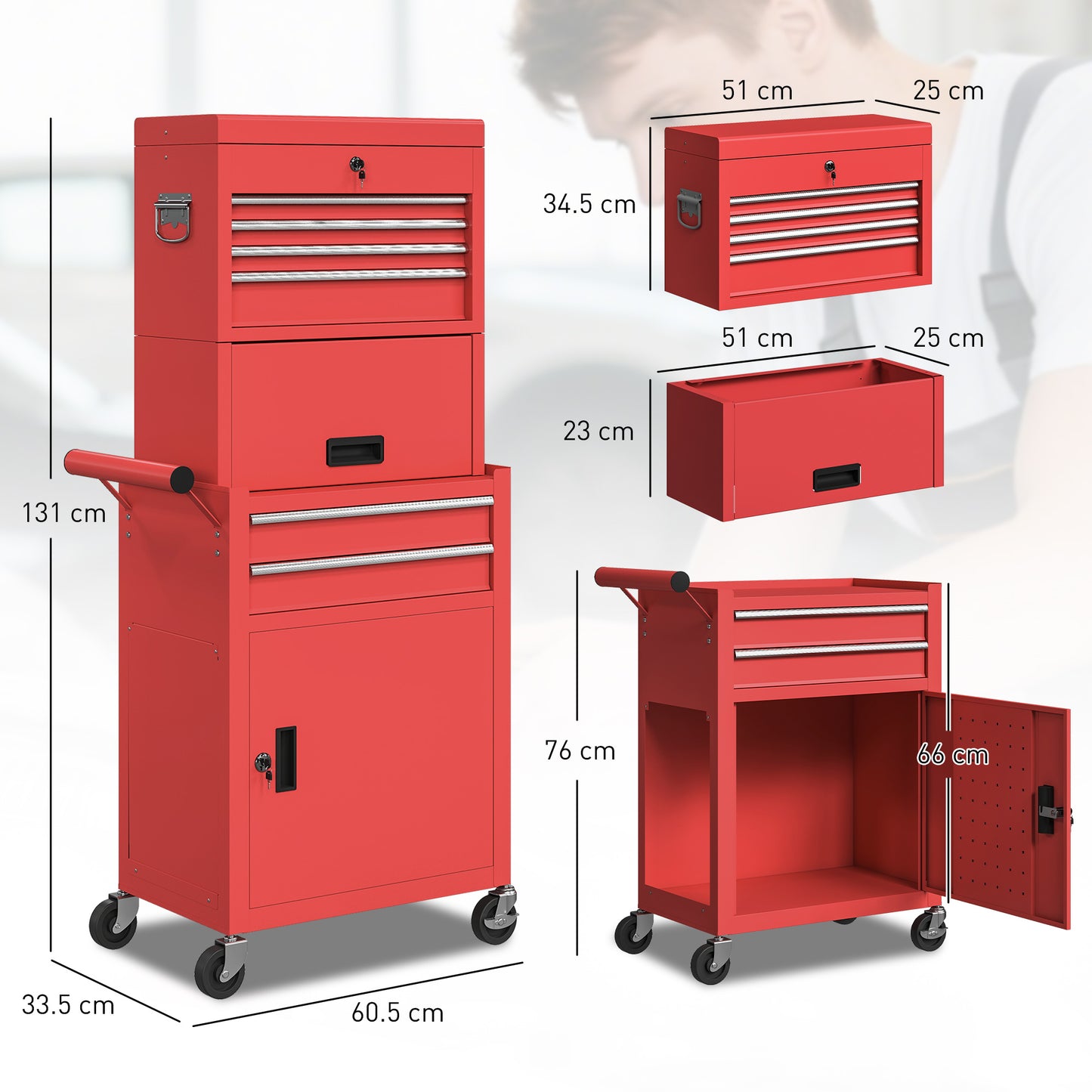 Three-Part Steel Locking Tool Storage Cabinet Chest - Red / Black