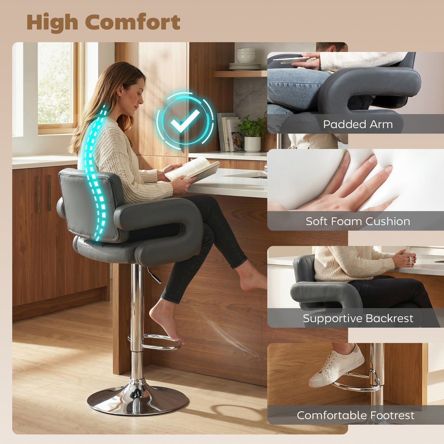 Set of 2 Adjustable Swivel Bar Stools | Padded Armrests | Grey PU Leather