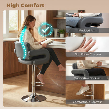 Set of 2 Adjustable Swivel Bar Stools | Padded Armrests | Grey PU Leather