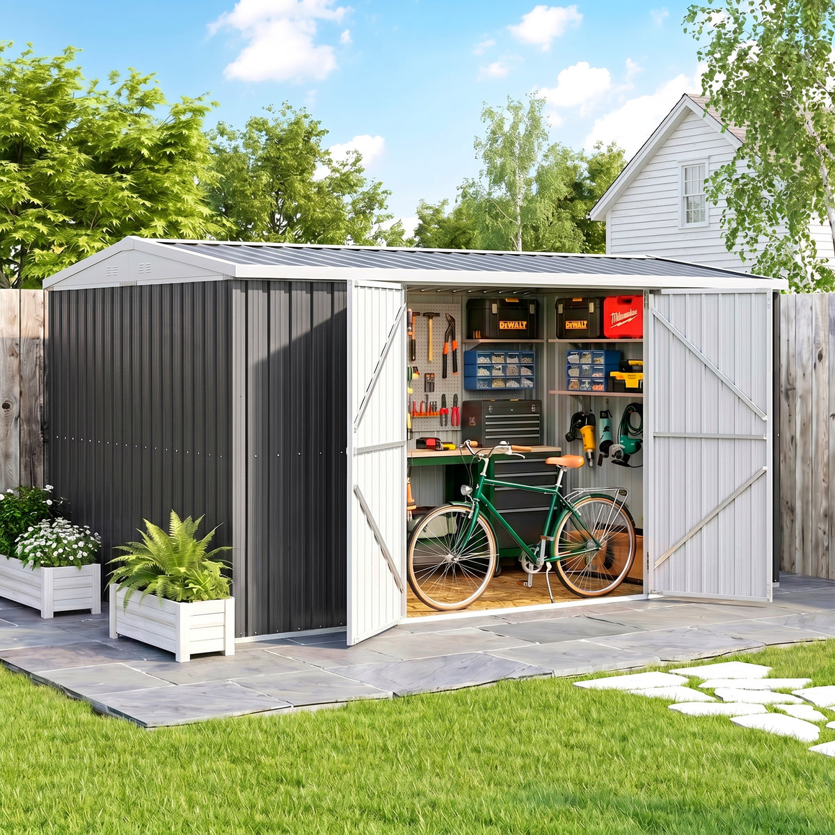 Large Galvanised Steel Garden Storage Shed | 420x245x200cm | 14x8ft | 9.7m² Floor | Sloped Roof | 4 Ventilation Windows | Lockable Door | Foundation Kit | Lock & Gloves Included | Grey