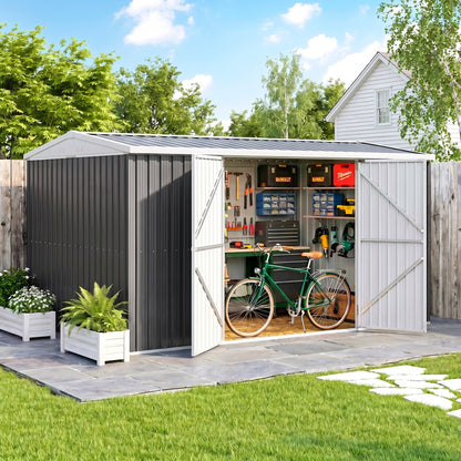Large Galvanised Steel Garden Storage Shed | 420x245x200cm | 14x8ft | 9.7m² Floor | Sloped Roof | 4 Ventilation Windows | Lockable Door | Foundation Kit | Lock & Gloves Included | Grey