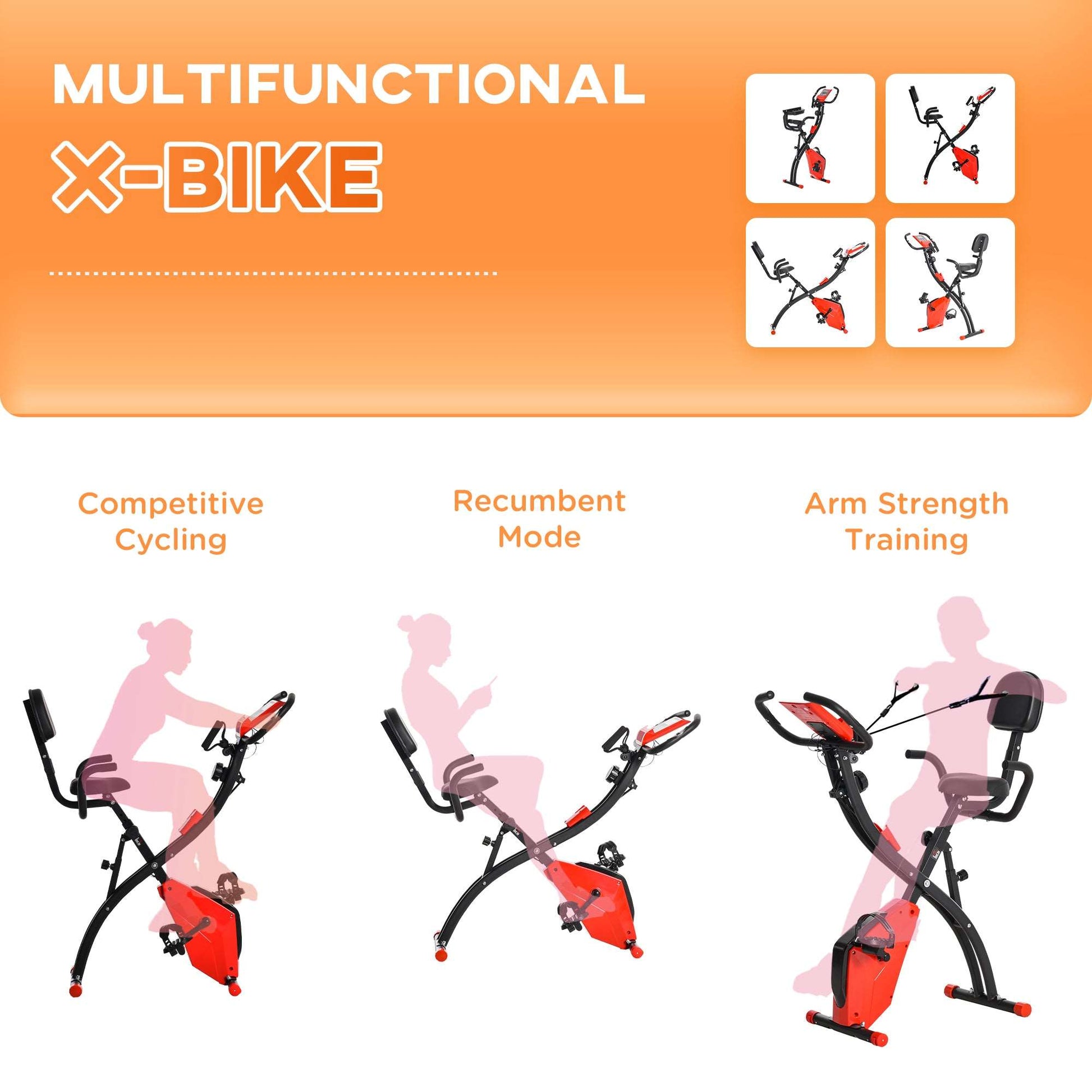 2-In-1 Upright Exercise Recumbent Bike Adjustable Resistance Stationary Fitness Home Gym Foldable w/ Armrests LCD Monitor Cycling Wheels Red