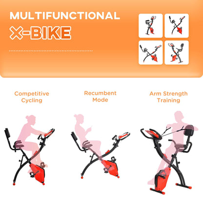 2-In-1 Upright Exercise Recumbent Bike Adjustable Resistance Stationary Fitness Home Gym Foldable w/ Armrests LCD Monitor Cycling Wheels Red
