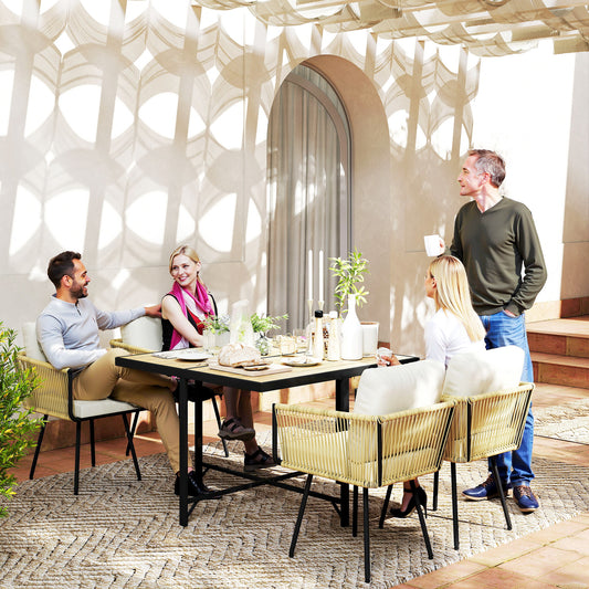 5-Piece Rattan Garden Dining Set | PS Wood-Plastic Table 110x110cm | 4 PE Rattan Armchairs | Thick Cushions | Zip Covers | Powder-Coated Metal Frame | Adjustable Feet | 120kg Chair Capacity | Beige