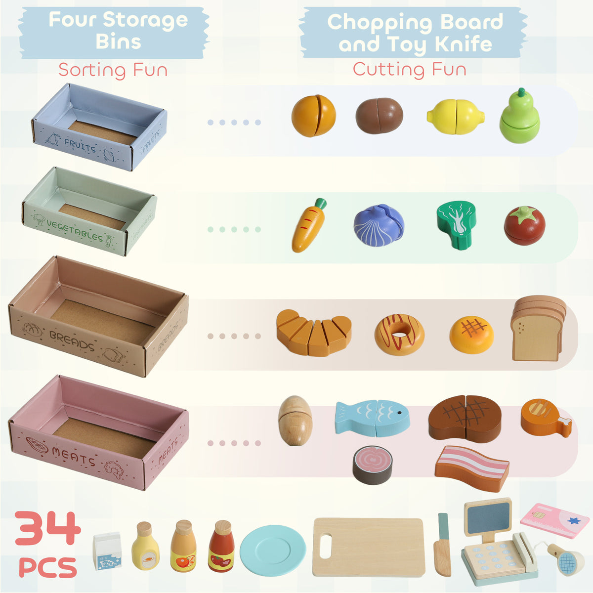 AIYAPLAY Wooden Toy Shop & Market Stall | Green | 40x30x92.5cm | 34 Accessories | Cash Register | Blackboard | Cuttable Food | 4 Storage Boxes | MDF & Wood | Rounded Edges | Age 3+