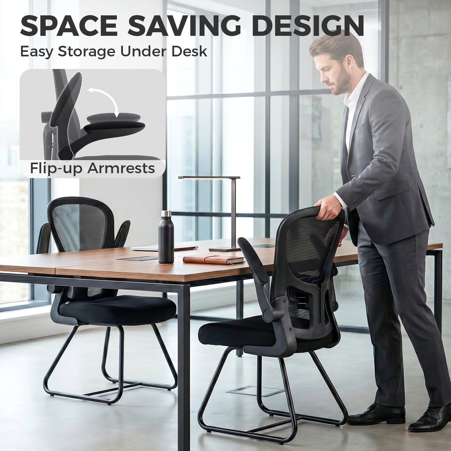 Mesh Office Reception Chair | Flip-Up Arms | Lumbar Support | Steel Base | Black | 120kg | 921-957V70BK
