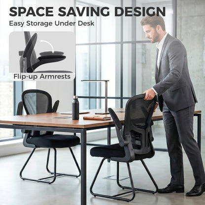 Mesh Office Reception Chair | Flip-Up Arms | Lumbar Support | Steel Base | Black | 120kg | 921-957V70BK