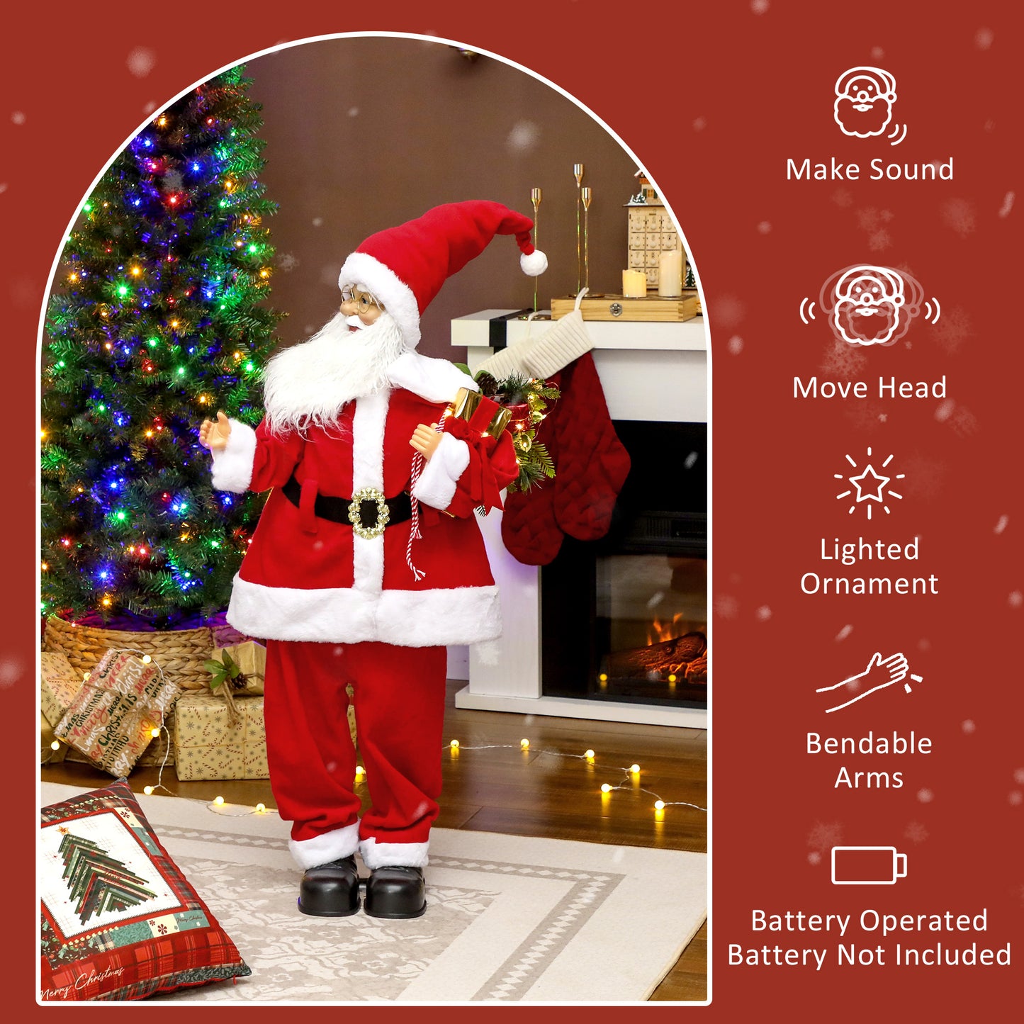 Life Size Santa Claus Christmas Decoration, Voice-Activated with Twinkling LED Lights, Red