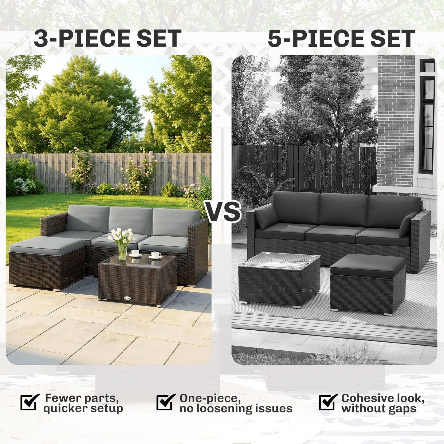 3 Piece Rattan Garden Sofa Set | 3 Seater Sofa | Ottoman | Coffee Table | Tempered Glass | Galvanised Steel | Hand-Woven PE Rattan | Zipped Cushions | 360kg | Light Grey