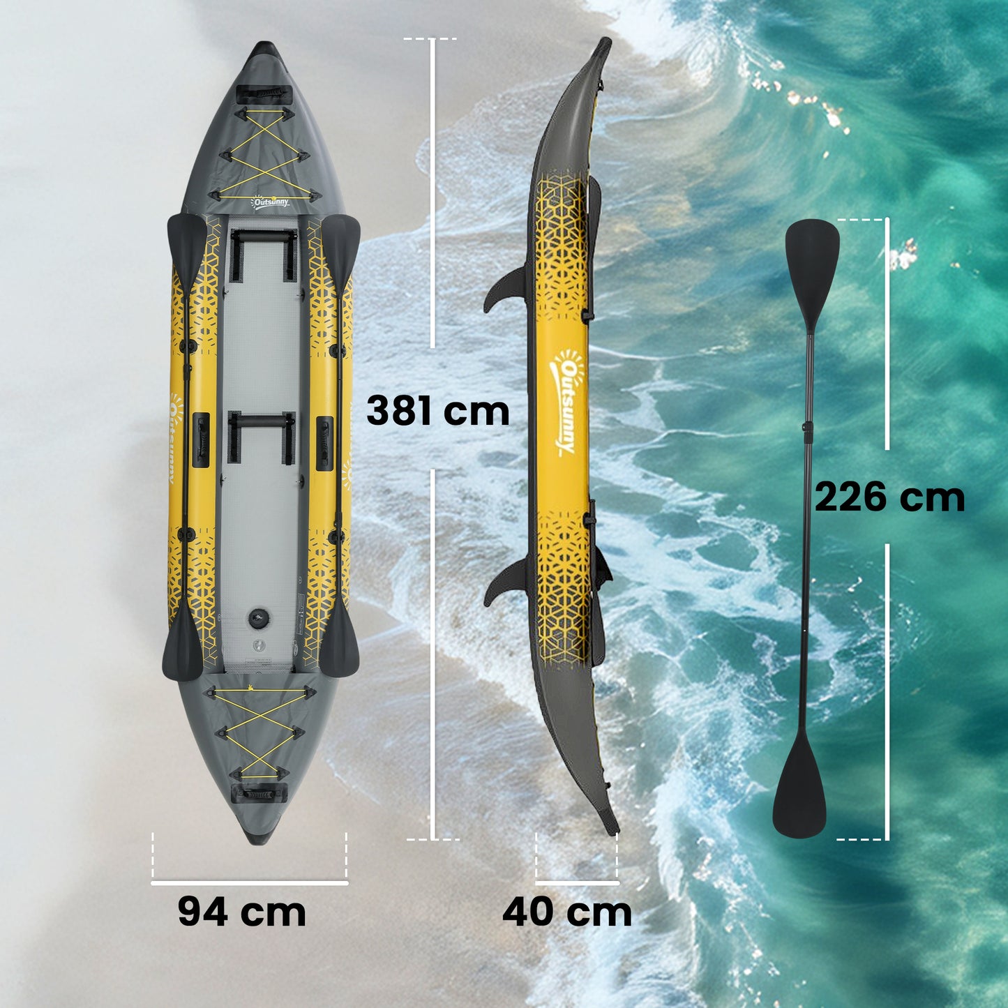 Inflatable Tandem Kayak Set | 2-Person | 381cm | Drop-Stitch Floor | Adjustable Seats | 230kg | Aluminium Oars | Grey & Yellow