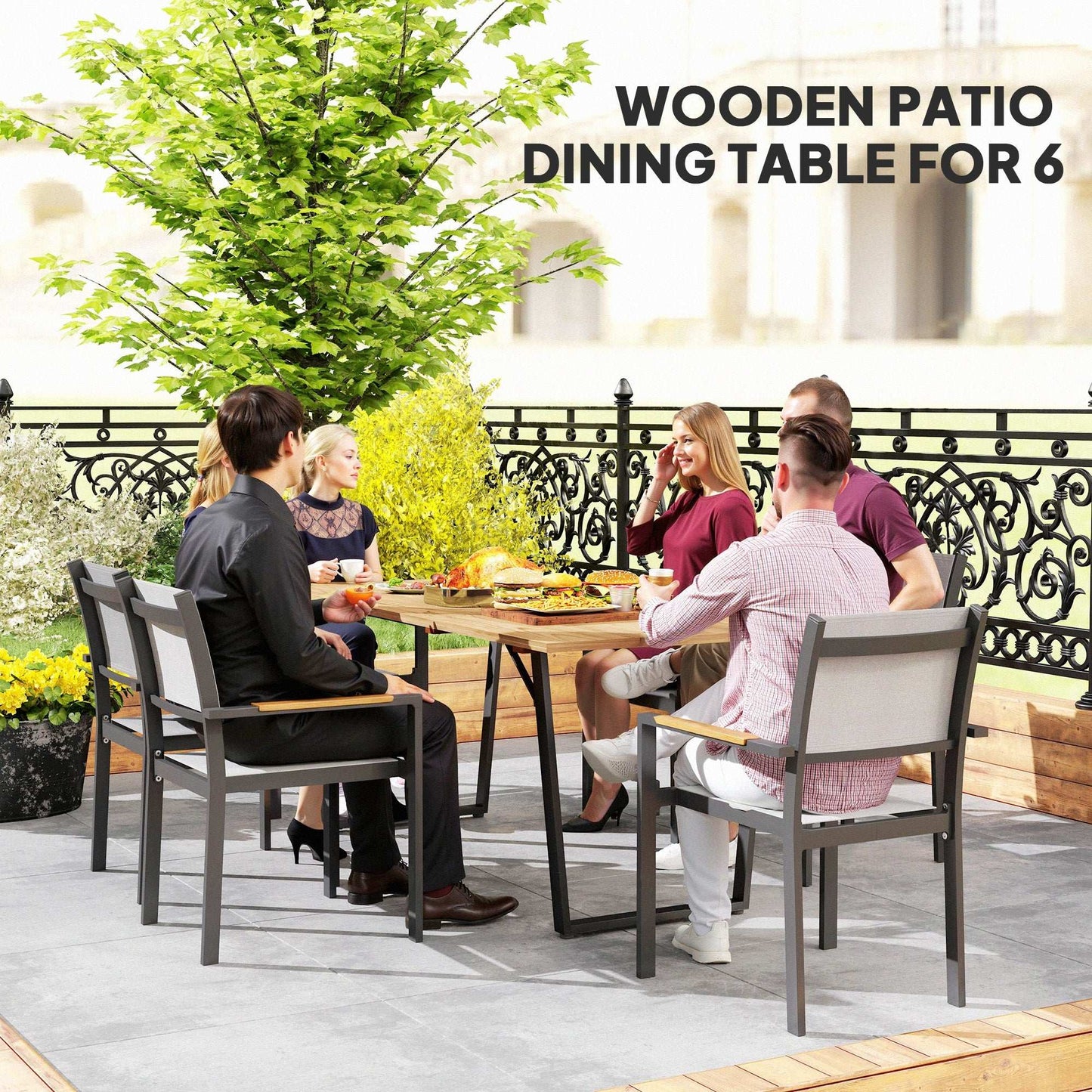 Garden Table for 6, 175 x 80 cm Large Rectangle Outdoor Dining Table with 5cm Parasol Hole and Slatted Top, Weather Resistant Fir Wood Patio Table
