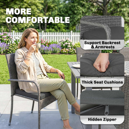 7-Piece Rattan Garden Furniture Set | 6 Seater | Extendable Acacia Wood Table 100-150cm | 6 Stackable High-Back Armchairs | Washable Cushion Covers | PE Rattan & Steel Frame | Light Grey