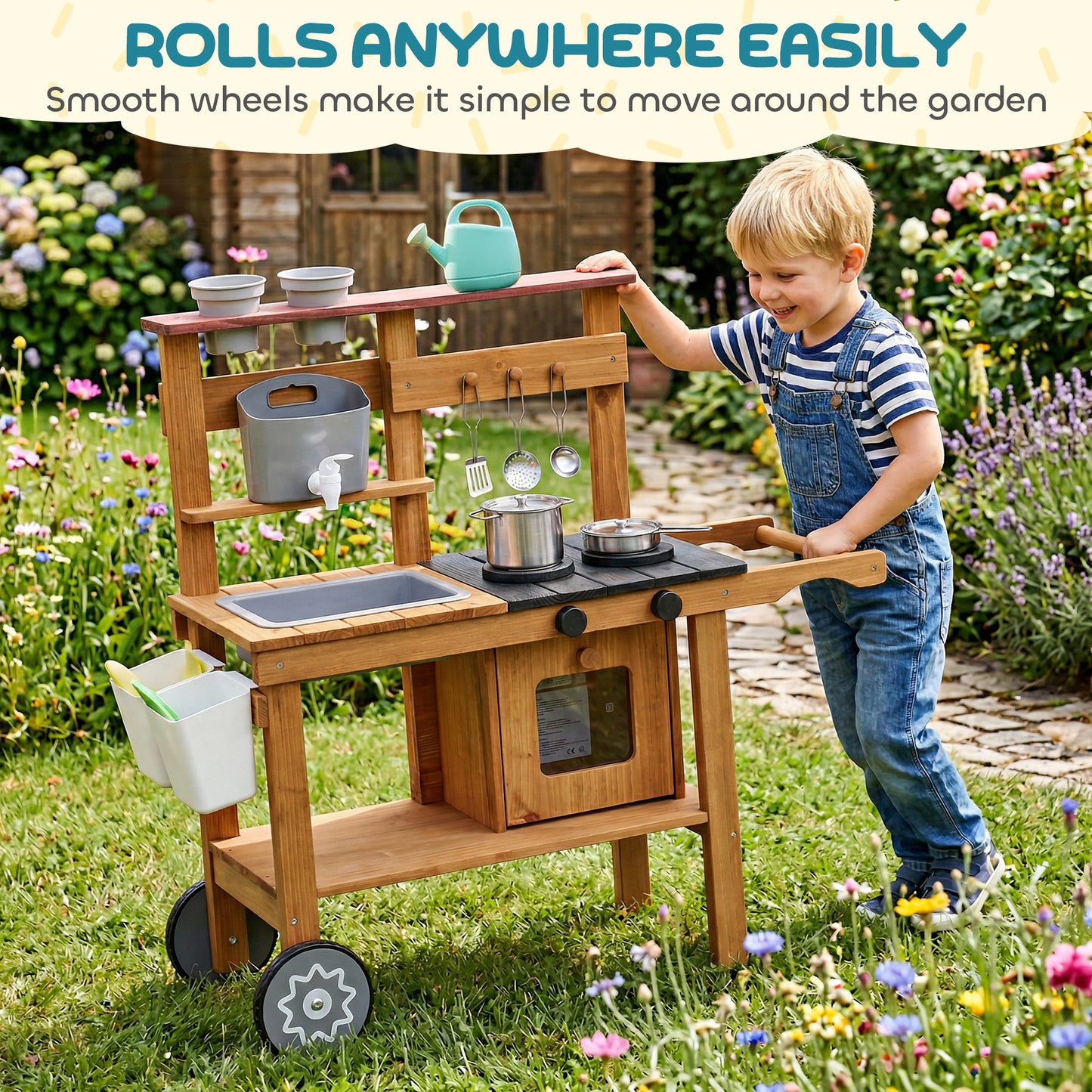 Children's Wooden Mud Kitchen with Wheels – Running Water Tap, Stove, Flower Pots & 12 Stainless Steel Accessories, Ages 3–6
