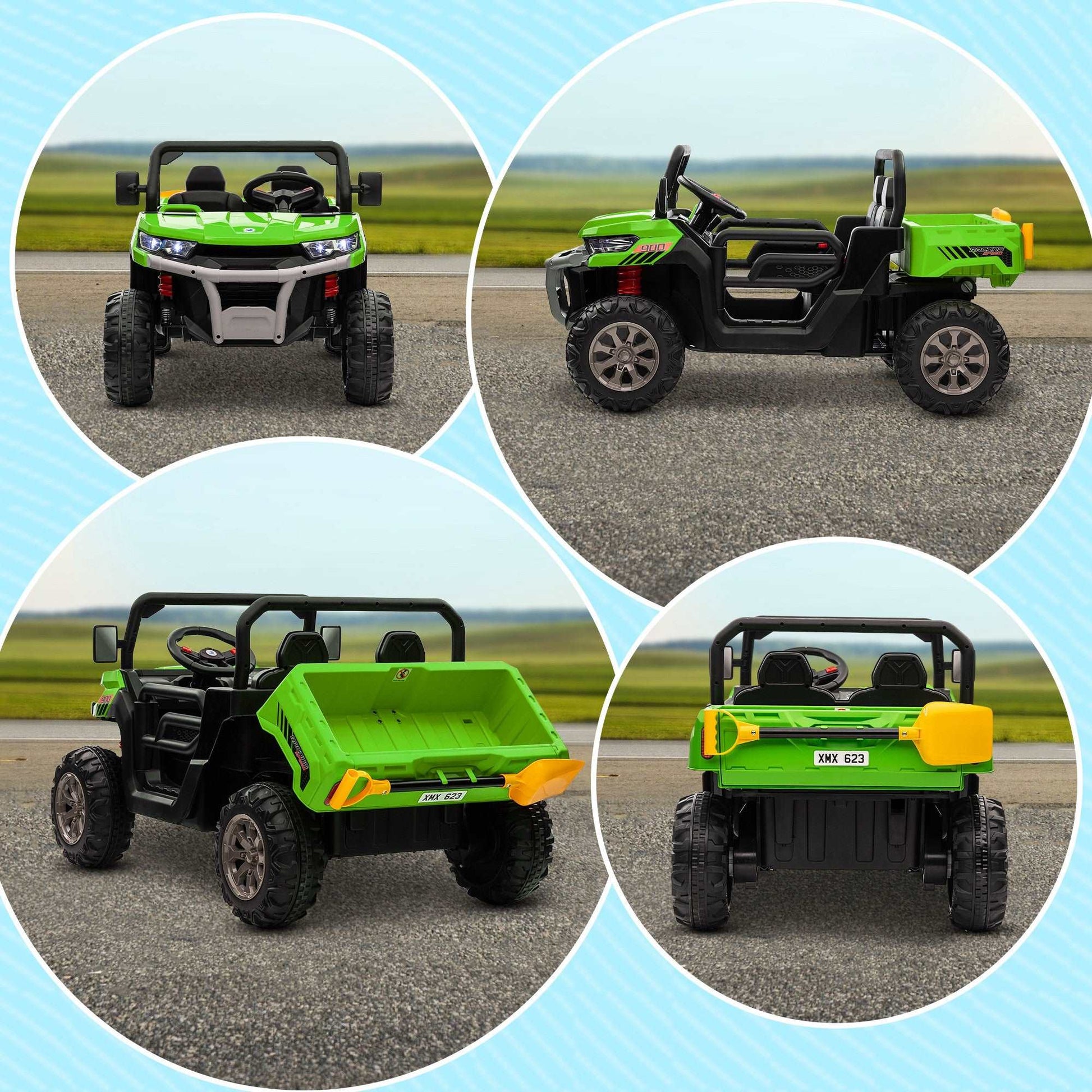 12V Two-Seater Kids Electric Ride-On Car, with Electric Bucket, Remote Control - Green