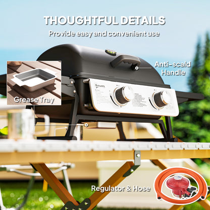 2 Burner Gas BBQ Grill with Foldable Side Tables, Portable Tabletop Gas Barbecue with Built-in Thermometer, Lid, Grease Tray, Outdoor Cooking 5.6KW, Black