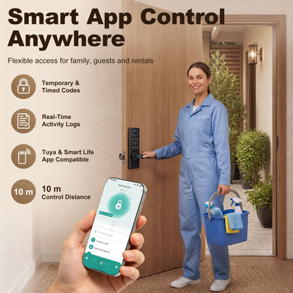 Smart Door Lock | 5-in-1 Entry: Fingerprint / Passcode / NFC Card / Tuya App / Key | Built-in Doorbell | Bluetooth 10m | ADC12 Alloy & Tempered Glass | Copper Cylinder | Door 3.5-6cm | Left & Right Hand | 7.1x19.3x13.4cm | Black