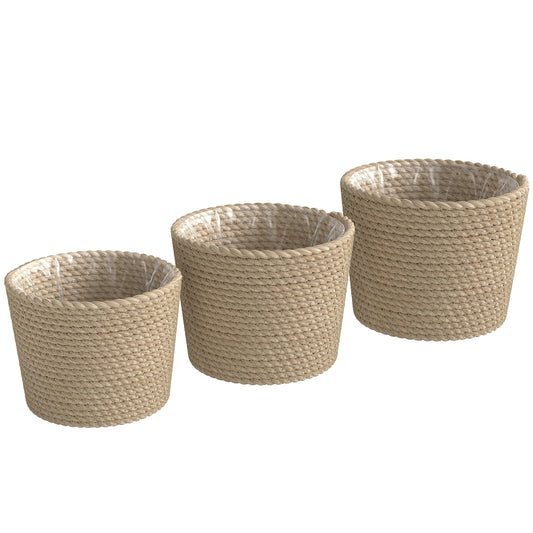 Set of 3 Handwoven Seagrass Plant Pots | Plastic Inner Liner | Lightweight | Bohemian Style | S M L Sizes | Indoor & Outdoor | Patio Balcony & Living Areas | Natural