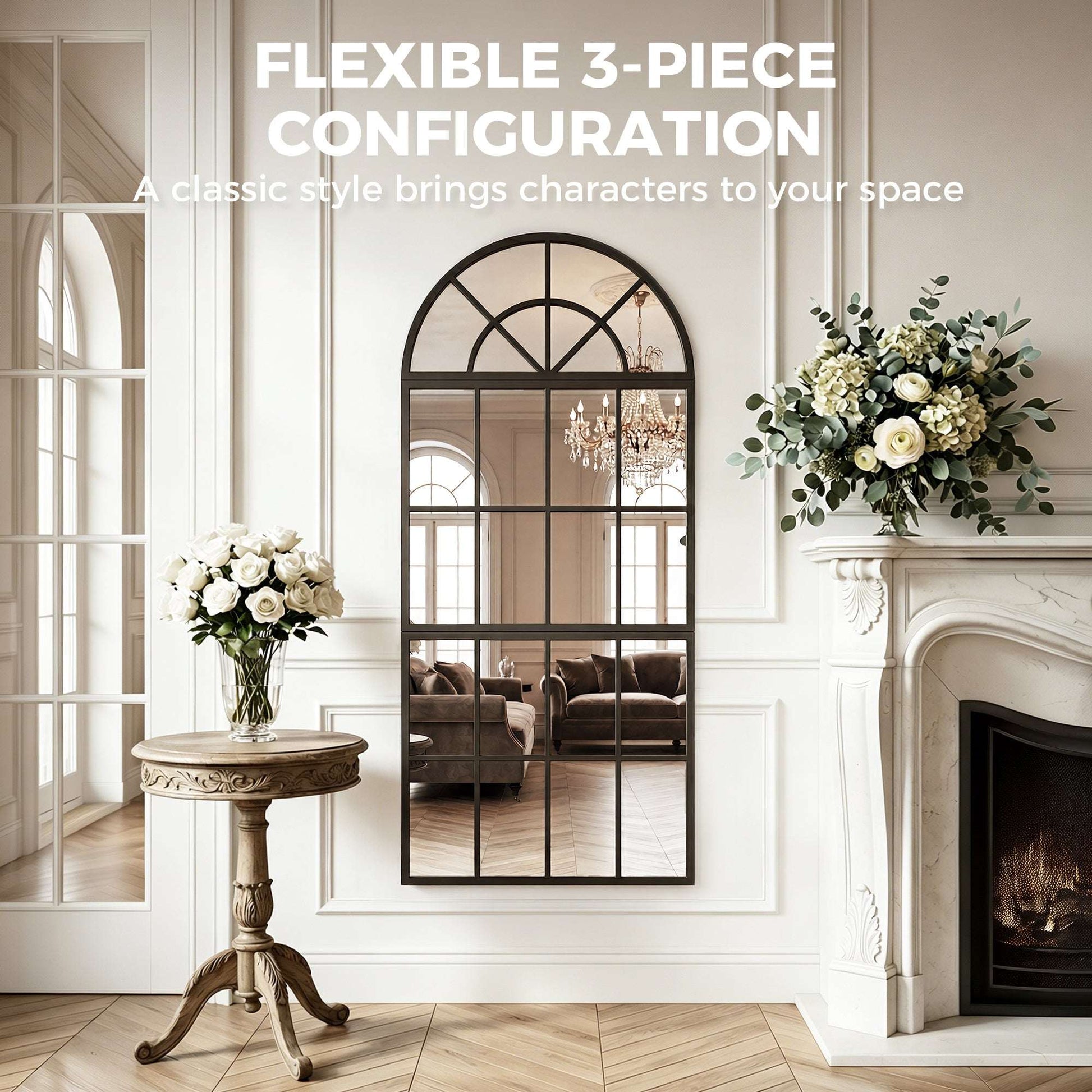 Arched Wall Mirror | 3-Piece Split Windowpane | 54x120cm | Black Metal Frame | Tempered Glass | 2cm Slim | Adjustable Spacing