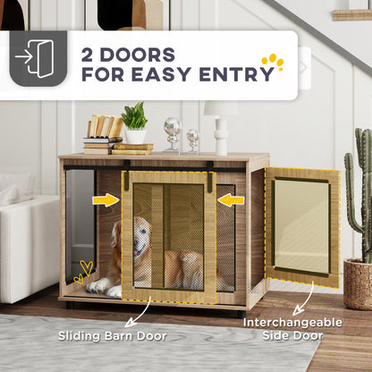 Dog Crate Furniture Side Table | Barn Door & Side Door | 3-Sided Ventilation | Large Dogs up to 30kg | 98 x 60 x 78cm | Walnut Brown
