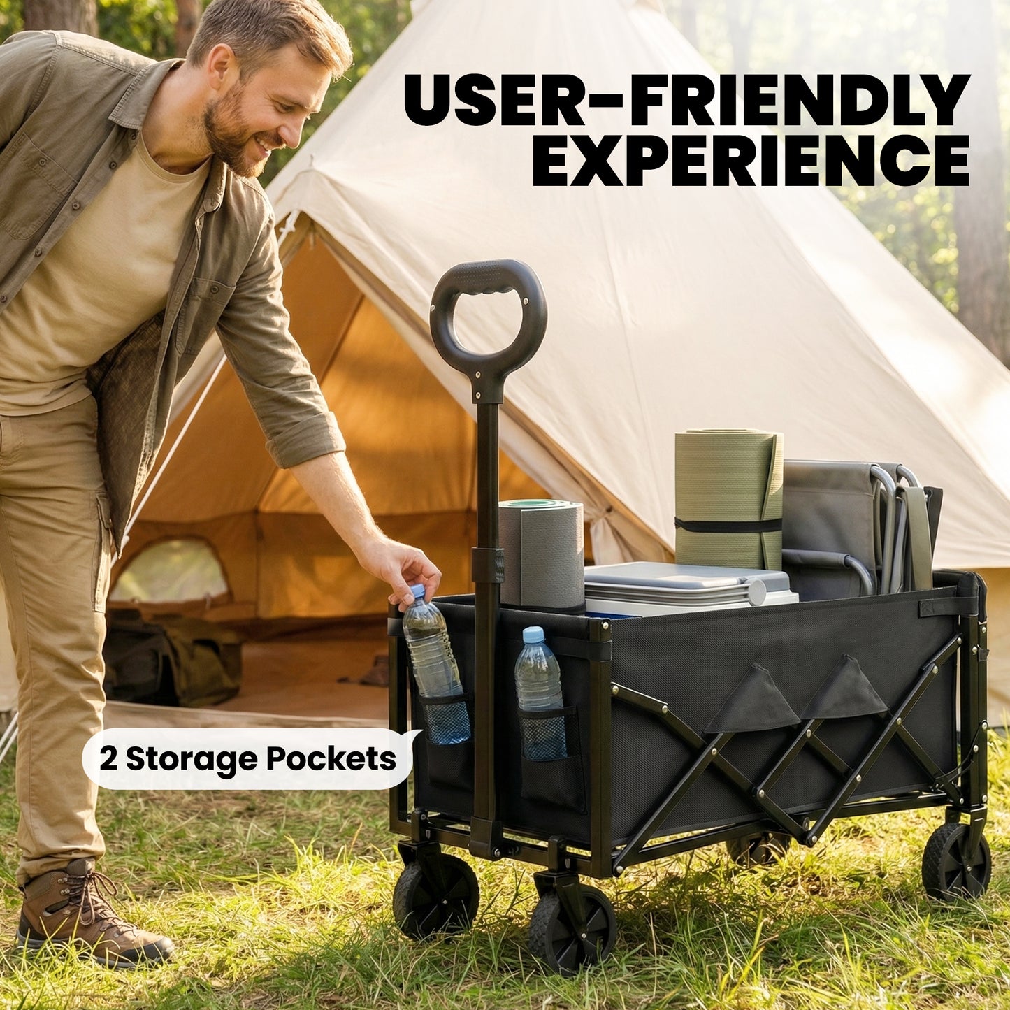 80L Foldable Festival Camping Trolley | Drop-Down Tailgate | Adjustable Handle | 2 Cup Holders | Storage Bags | Quick Release Wheels | 150kg | Black
