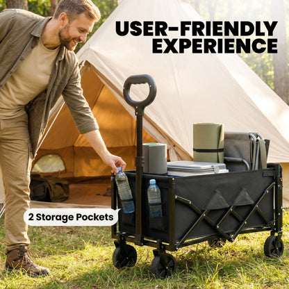 80L Foldable Festival Camping Trolley | Drop-Down Tailgate | Adjustable Handle | 2 Cup Holders | Storage Bags | Quick Release Wheels | 150kg | Black