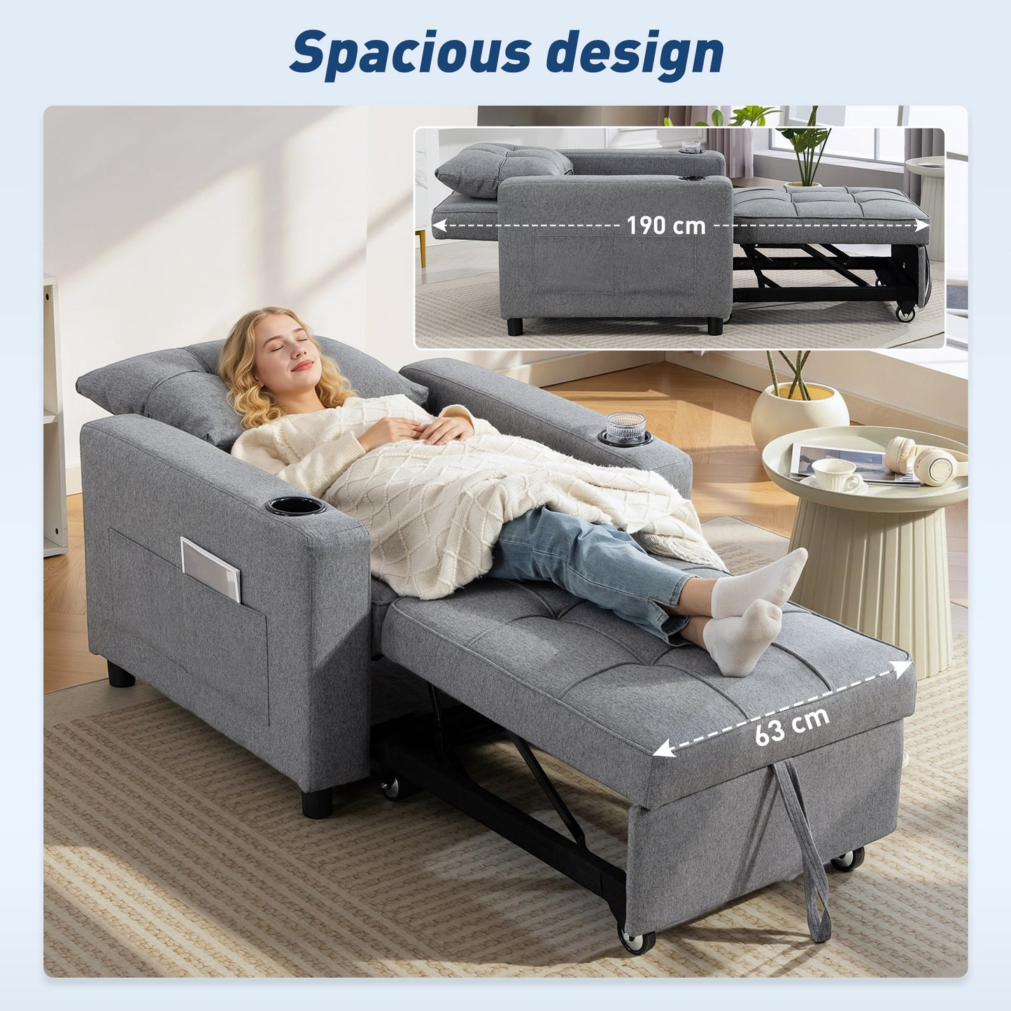 3-in-1 Single Sofa Bed | Armchair | Recliner | Sleeper | 95x190cm | 12cm Mattress | Cup Holders & Side Pockets | Pillow | 120kg | Dark Grey