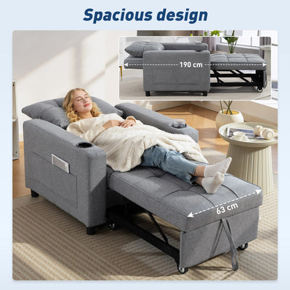 3-in-1 Single Sofa Bed | Armchair | Recliner | Sleeper | 95x190cm | 12cm Mattress | Cup Holders & Side Pockets | Pillow | 120kg | Dark Grey