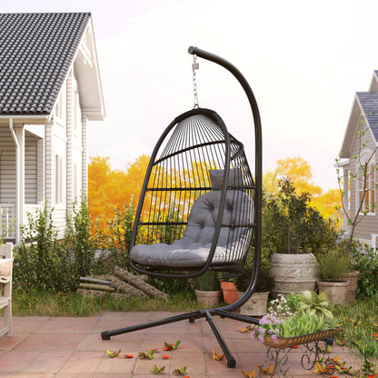 Outsunny Rattan Hanging Egg Chair with Stand, Foldable Wicker Swing Egg Chair with Cushion, Head Pillow, Steel Frame, Hammock Chair