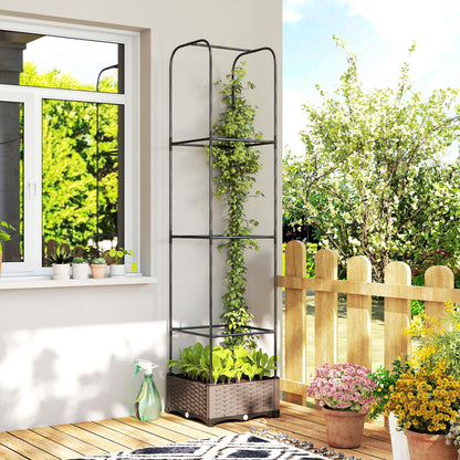 Raised Garden Bed with Trellis | PE-Coated Steel | Drainage Holes & Drain Plugs | Water Reservoir | 35x35x19cm Planting Area | 12kg Capacity | Patio Balcony & Yard | Black