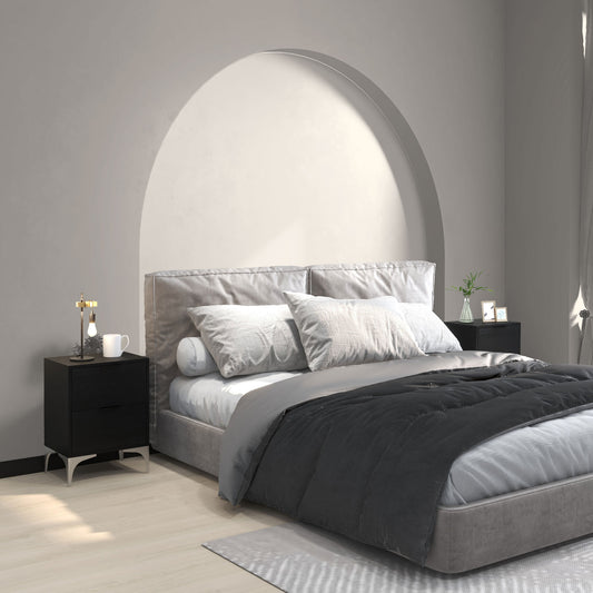 Bedside Tables Set of 2, Modern Nightstand with 2 Drawers, Small Sofa End Tables with Storage and Steel Legs for Bedroom, Living Room, Black