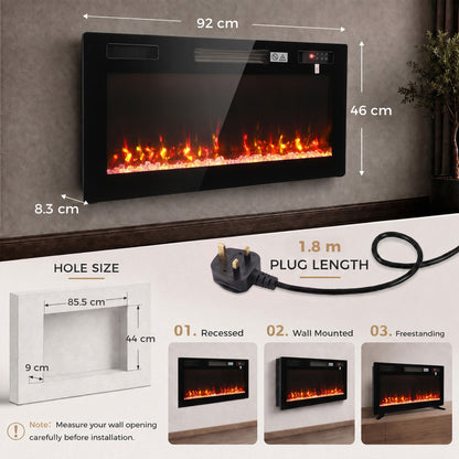 92cm Slim Electric Fireplace | Wall Mounted, Recessed or Freestanding | 900/1800W, 12 Flame Colours, Remote & 7-Day Programme | Black