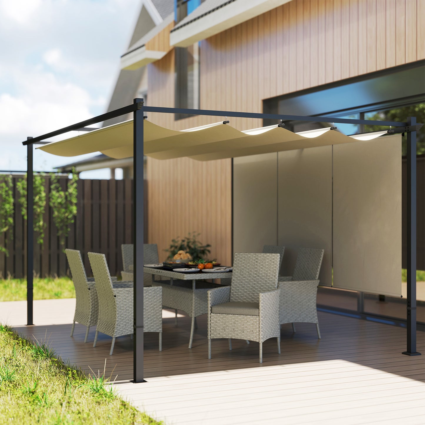 3 x 4m Metal Pergola with Retractable Roof and Roller Shade, Wall-Mounted or Free Standing Garden Gazebo Canopy Pergola Kit, UPF30+ Sun Shade