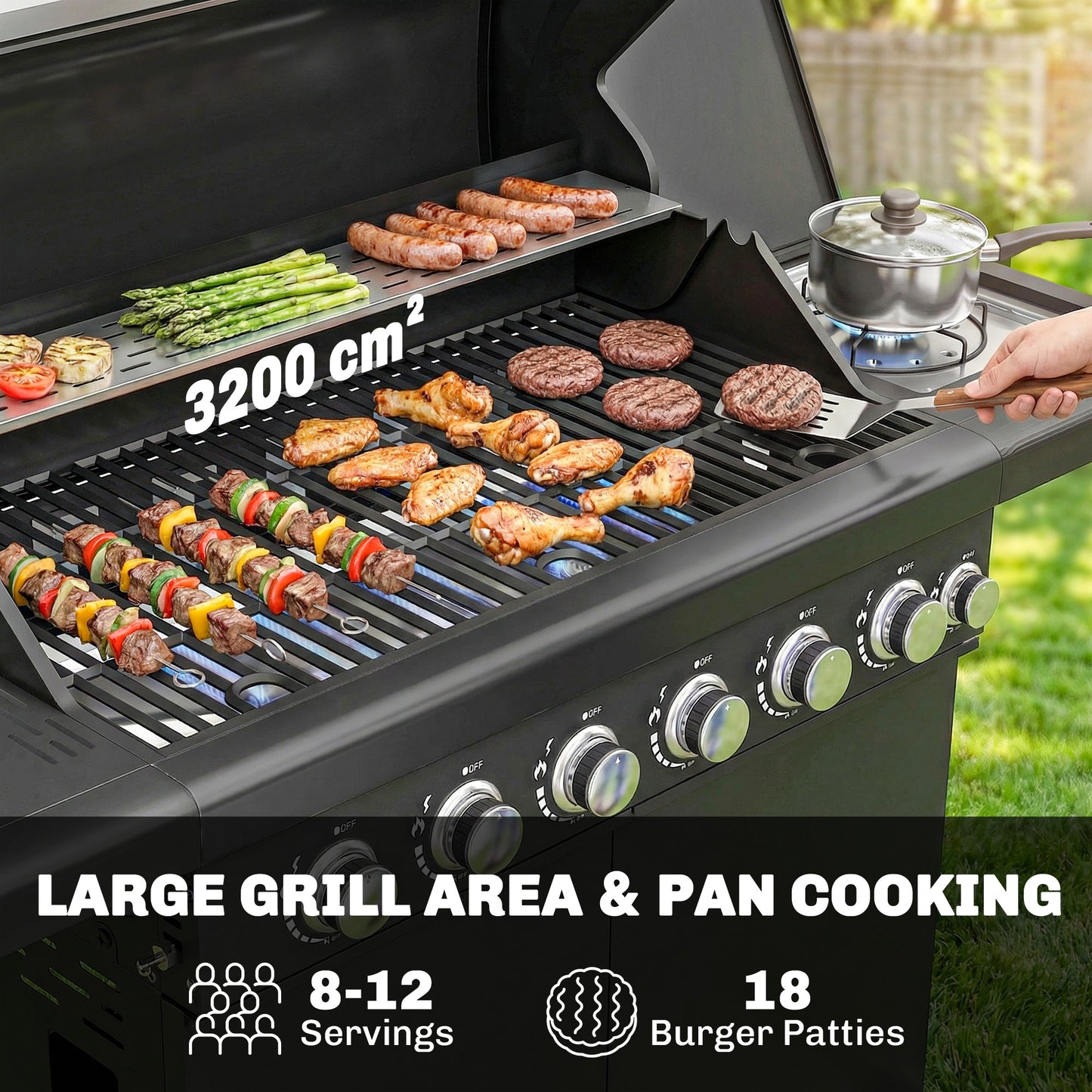 6+1 Burner Gas BBQ Grill | 3200cm² | 8-12 People | Side Burner | Warming Rack | Thermometer & Glass Window | Cabinet | Wheels | LPG | 146cm | Black