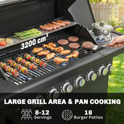 6+1 Burner Gas BBQ Grill | 3200cm² | 8-12 People | Side Burner | Warming Rack | Thermometer & Glass Window | Cabinet | Wheels | LPG | 146cm | Black