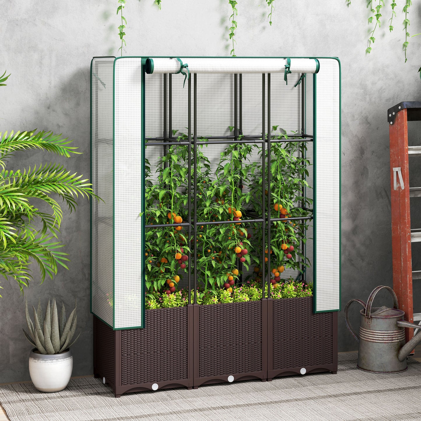 PP Raised Garden Bed with Trellis & PE Greenhouse Cover | Zipped Roll-Up Door | Drainage Holes & Plugs | 75kg | 120x40x140cm | Climbing Plants Veg & Flowers | Brown