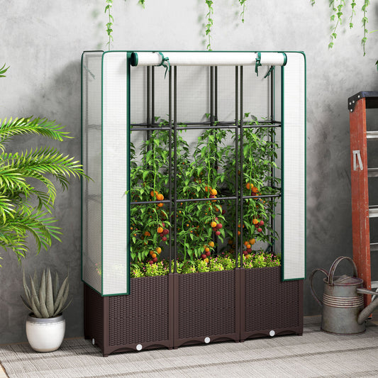 PP Raised Garden Bed with Trellis & PE Greenhouse Cover | Zipped Roll-Up Door | Drainage Holes & Plugs | 75kg | 120x40x140cm | Climbing Plants Veg & Flowers | Brown