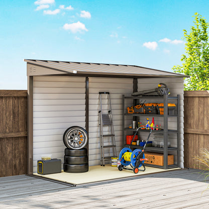 Outsunny 5 x 9ft Galvanised Metal Garden Shed with Foundation Kit, Outdoor Lean-to Shed, Tool Storage House with Lockable Doors, Brown