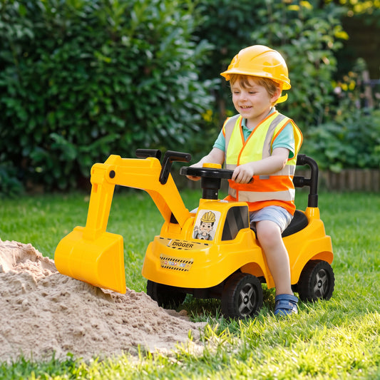 Kids Ride On Excavator Digger Toy | 33cm Manual Digger Arm & Separate Bucket | Forward Backward & Turning | Horn Steering Wheel & Air Horn | Under-Seat Storage | PP Body | 15kg Max | 77x26.5x39cm | Ages 1–3 | Yellow