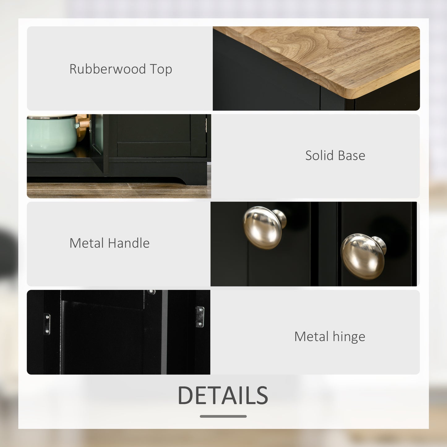 Sideboard with Rubberwood Top and Adjustable Shelves for Dining Room, Kitchen - Black