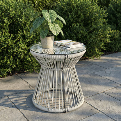 Rattan Bistro Side Table | PE Wicker String Design | 5mm Tempered Glass Top | Dia 40x42cm | Powder Coated Steel | 30kg | No Assembly | Light Grey
