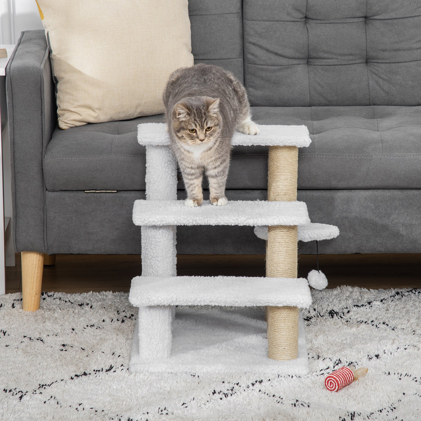 PawHut Pet Stair with 3-step Climb Ladder, Scratching Posts, Platforms, Toy Ball, for Indoor Cats Kittens, White