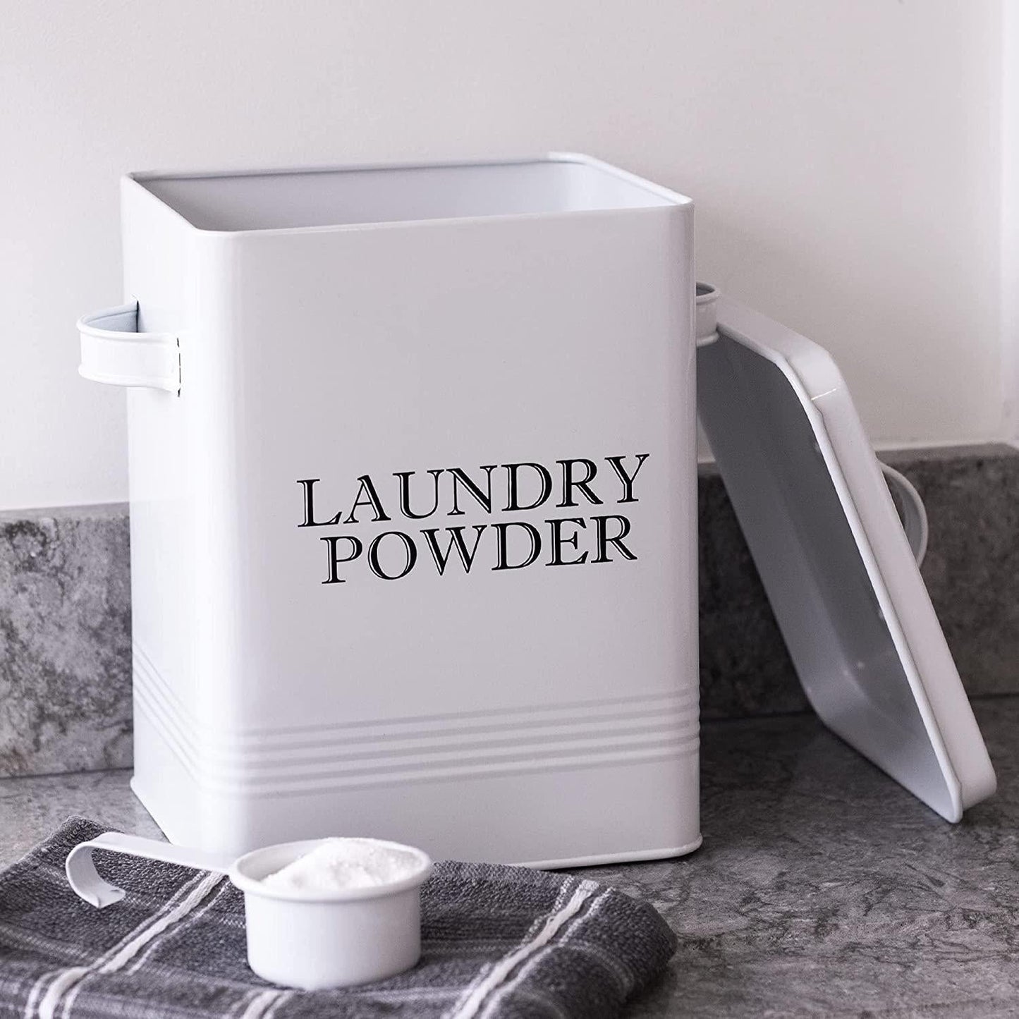 Laundry Powder Storage Tin | Powder-Coated Steel | Secure Lid | Side Carry Handles | 83.5ml Scoop Included | 26x20x15cm | 2-Year Warranty | White