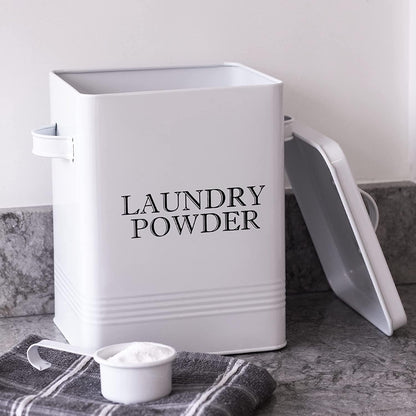 Laundry Powder Storage Tin | Powder-Coated Steel | Secure Lid | Side Carry Handles | 83.5ml Scoop Included | 26x20x15cm | 2-Year Warranty | White
